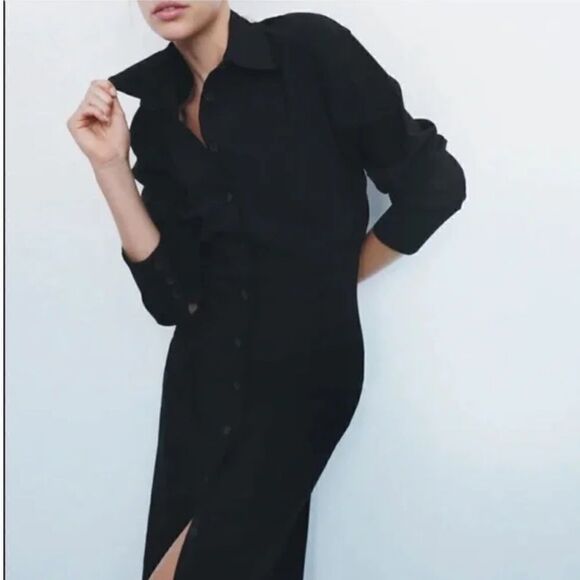 Zara Dresses & Skirts - zara black front button up trafaluc dress long sleeves